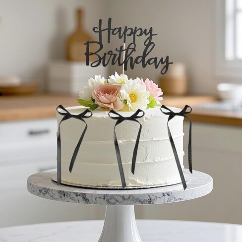 6pcs Bow Cake Toppers with 1pcs Happy Birthday Cake Insert, Bow Ribbon Coquette Birthday Decorations for Cupcake Perfect Wedding Themed Parties Bowknot Decor(Black) in Saudi Arabia