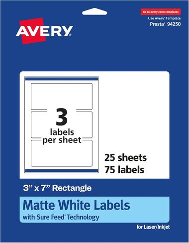 Avery Matte White Rectangle Labels with Sure Feed, 3" x 7", 75 Matte White Printable Labels in Kuwait