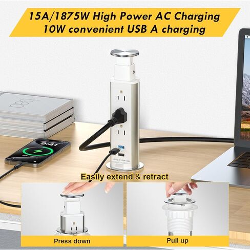Pop up Outlet for Countertop, 3 AC Outlets & 2 USB-A, 3-1/4 Inch Silver in Kuwait