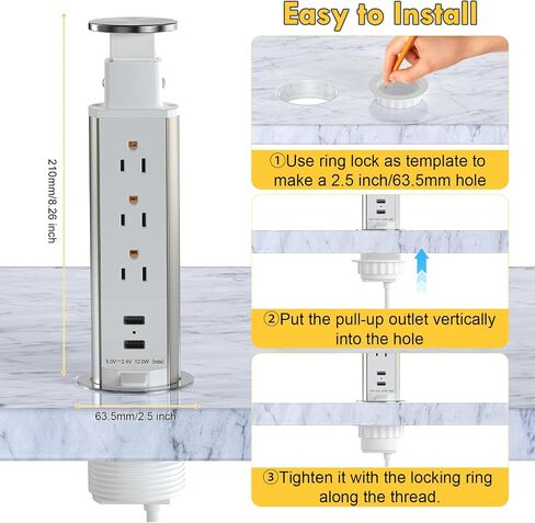 Pop up Outlet for Countertop, 3 AC Outlets & 2 USB-A, 3-1/4 Inch Silver in Kuwait