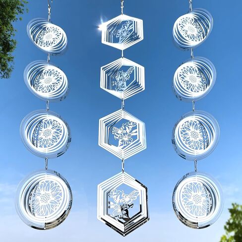 12Pcs Bird Scare Discs Set Reflective 3D Stainless Steel Wind Spinner Outdoor Garden Hanging Decor, Bird Devices Deterrent Reflectors to Scare Birds Away from Yard Patio (Sunflower and Bee) in Saudi Arabia
