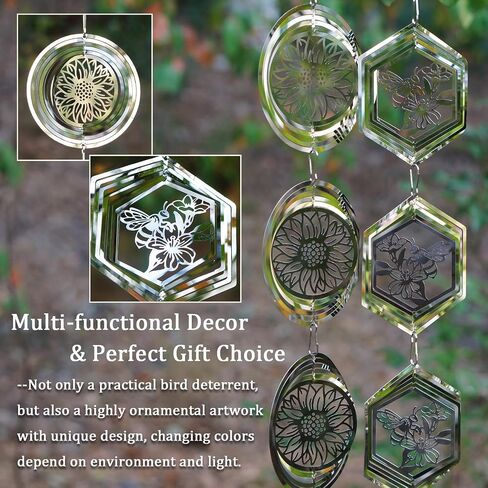12Pcs Bird Scare Discs Set Reflective 3D Stainless Steel Wind Spinner Outdoor Garden Hanging Decor, Bird Devices Deterrent Reflectors to Scare Birds Away from Yard Patio (Sunflower and Bee) in Saudi Arabia