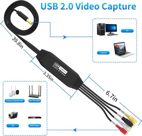 USB Video Capture Card, Audio Video Converter Grabber for RCA to USB-Convert VHS Mini DV VCR Hi8 DVD Equipment to Digital Converter for PC TV Tape Player Camcorder, Male in Saudi Arabia
