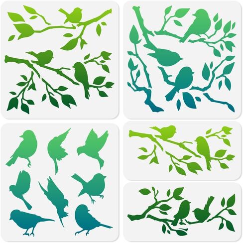 5Pcs Birds On Branch Wall Stencil Templates Plastic Reusable Bird Stencils for Painting on Walls Floors Wood Fabric Furniture Glass in Saudi Arabia