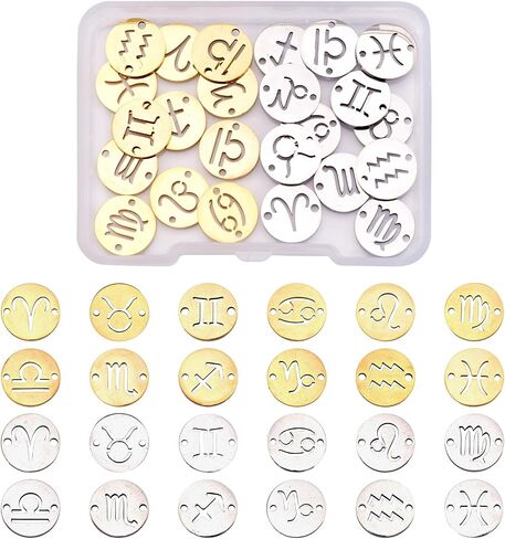 cheriswelry 24pcs اثنا عشر 12 كوكبة 304 معلقات الفولاذ المقاوم للصدأ 2 مسطحة مسطحة جولة zodiac علامة سحر المعادن المعادن 18x16mm ل Craft DIY قرط القلادة المجوهرات in Saudi Arabia