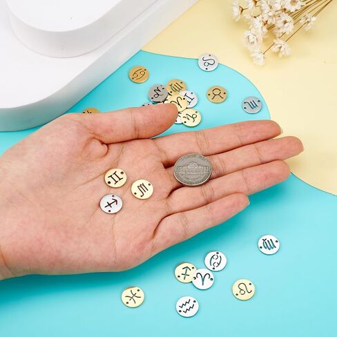 cheriswelry 24pcs اثنا عشر 12 كوكبة 304 معلقات الفولاذ المقاوم للصدأ 2 مسطحة مسطحة جولة zodiac علامة سحر المعادن المعادن 18x16mm ل Craft DIY قرط القلادة المجوهرات in Saudi Arabia