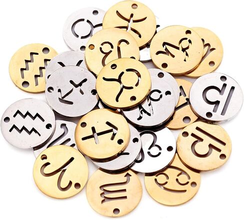 cheriswelry 24pcs اثنا عشر 12 كوكبة 304 معلقات الفولاذ المقاوم للصدأ 2 مسطحة مسطحة جولة zodiac علامة سحر المعادن المعادن 18x16mm ل Craft DIY قرط القلادة المجوهرات in Saudi Arabia