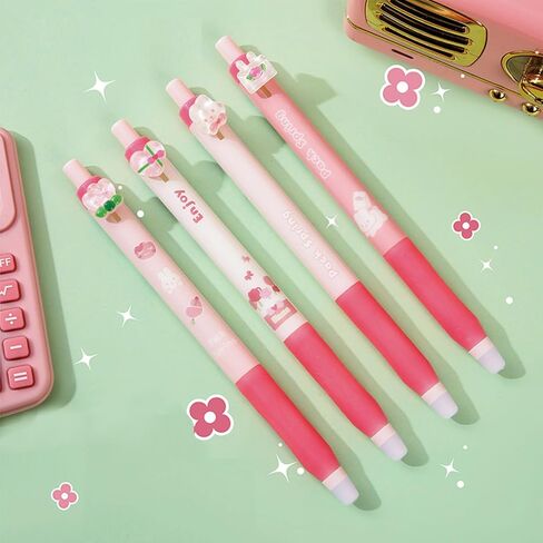 4 Pcs Erasable Retractable Pens Erasable Gel Ink Pens Cute Cartoon Erasable Pens 0.5mm Blue Ink Fine Point Writing Pen Office School Pens Women Girls Boys Pens (Blue Ink-Pink) in Saudi Arabia