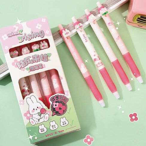 4 Pcs Erasable Retractable Pens Erasable Gel Ink Pens Cute Cartoon Erasable Pens 0.5mm Blue Ink Fine Point Writing Pen Office School Pens Women Girls Boys Pens (Blue Ink-Pink) in Saudi Arabia