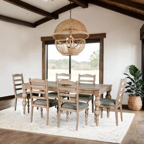 Furniture of America Adonis Modern Farmhouse 7-Piece Dining Table Set with Turned Legs and 6 Upholstered Side Chairs, Seat up to 6 for Home, Kitchen, Living Room, Light White Wash