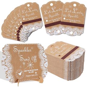 100PCS Sparkler Tags 1PCS Sign Lace Sparkle Tags for Weddings Send Off Wedding Exit Sign with Match Strips Striker - Sparkler and Match NOT Included,Kraft Paper