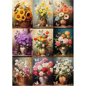 Vintage Flowers Puzzles for Adults 1000 Pieces, Sunflower Rose Flower Collage Jigsaw Puzzles， Retro Art Painting Butterfly Plant Puzzle as Floral Decor