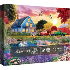 Colorful Lake House Puzzles for Adults 1000 Pieces, Beautiful Sunset Flower Tree Landscape Scenic Jigsaw Puzzles, Fun Bird Floral Duck Scenery Puzzle