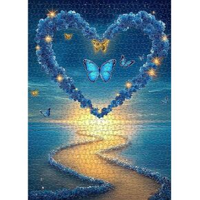 Beach Puzzles for Adults 1000 Piece, Flower Art Rose Butterfly Heart Puzzle, Magic Ocean Jigsaw Puzzles Fantasy Scenic