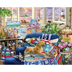 White Mountain Beachles Beach Retreat 1000 قطعة Jigsaw Seek & Find Cat and Dog Guzzle