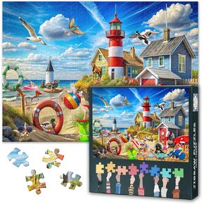 1000 Piece Puzzles for Adults, Beach Animals Jigsaw Puzzles 1000 Pieces, Cats and Dogs Jigsaw Puzzles,Panoramic Seascape Lighthouses, and Ocean Funny Puzzles, Gift for Family Friends, 27.5" x 19.6