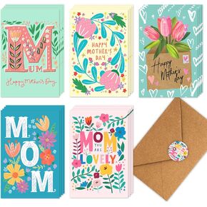 Quera 20 Pcs Happy Mother's Day Greeting Cards Modern Floral Blank Note Cards With Kraft Envelopes Mother'S Day Present Gift Box Assorted Cards For Holiday Party Celebration Flowers Cards-4X6