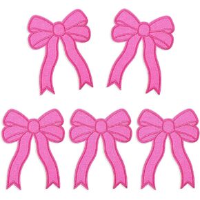 5 Pcs Bow Iron on Patches, Glitter Bow Embroidered Applique Cute Bow Sew on Patches Shiny DIY Decorative Accessories for Clothes Backpacks Jackets Hats (Pink)