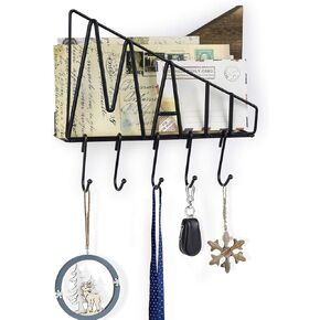 SRIWATANA Key Holder for Wall, Mail Organizer Wall Mount with Metal Storage Basket, Key Holder with 5 Hooks for Entryway, Office, Home Decor, Black