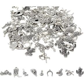 Honbay 90PCS Alloy Western Cow Charms Pendants Cow Boot Horse Hat Motorbike Money Bag Weapon Cactus Charms for Earrings Bracelet Necklace Jewelry Making (9 Style)
