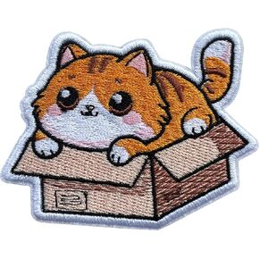 (Brown) Orange Cat In Box Patch, Size 3" Sew On Patches, Cute Cat Embroidery Fabric Patches for Clothes Jeans Backpack Hat, Applique Embroidery Iron On Patches for Clothes, Gift for Cat Lovers