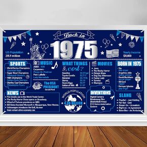 Large Blue Silver 50th Birthday Banner Decoration for Boys, Navy Blue 50th Birthday Back in 1975 Birthday Banner Party Supplies, Happy 50 Years Birthday Photo Background for Indoor Outdoor