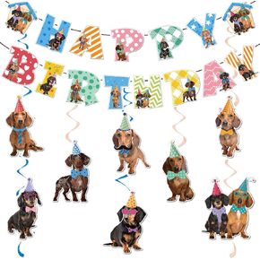 ديكورات حفلة عيد ميلاد Dachshund - بما في ذلك لافتة dachshund مع دوامات معلقة وينر الكلب ديكور ديكور جرو لوازم الحفلات