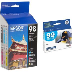 Epson 98 Black & Color C/M/Y/LC/LM - -Ink -Cartridges, Combo 6/Pack & T099 Claria Hi-Definition -Ink Standard Capacity Cyan -Cartridge (T099220-S) for Select Artisan Printers