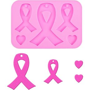 Breast Cancer Awareness Mold Silicone Pink Ribbon and Heart Shapes Keychain Mold with Hole Breast Cancer Awareness Resin Casting Mold for DIY Necklace Pendant Earrings Crafts