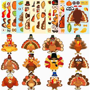 36 ورقة ملصقات Make-A-Turkey ، حرف عيد الشكر للأطفال ، ملصقات الديك الرومي DIY لـ Fall Family Party Favors