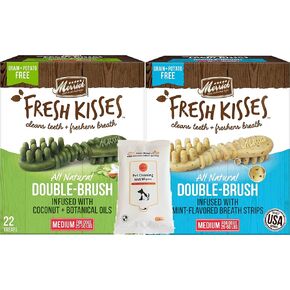 Aurora Pet Variety Pack (2) القبلات الطازجة معالجات الكلب الأسنان المتوسطة للفرشاة المزدوجة (1) جوز الهند + زيوت نباتية (1) شرائح التنفس بنكهة النعناع مع مناديل أورورابيت
