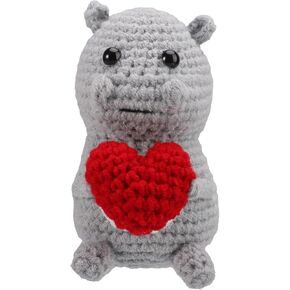 Positive Hippo Crochet with Heart, Emotional Animals Toy Positive Support Hippo Plush Crochet for Friends Inspirational Potato Gift Home Office Car Decor