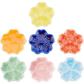 BENECREAT 7Pcs 7 Colors Cherry Blossom Porcelain Brush Holder Rest, Japanese Style Ceramic Paint Brush Pen Holders for Oriental Art Supply Painting Brushes, 1.8inch