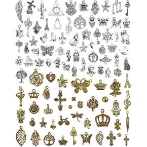 100pcs الكثير من السحر المختلط سحر DIY لصنع المجوهرات سوار القلادة وصنعها ، الذهب العتيق والفضة