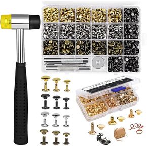 TLKKUE 600 Set Leather Rivets 4 Colors Double Cap Rivets Tubular 4 Sizes with Rubber Hammer Fixing Tool Kit 4 Piece for DIY Leather Craft Clothes Shoes Decoration and Repair