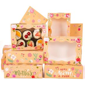 Whoaf Happy Mother's Kraft Paper Cookie Boxes مع نافذة شفافة ، Bakery Day Bakery تعامل مع صناديق هدايا الأزهار لـ Mothers For Mothers Best Mom Birthday Party Suppies من 12