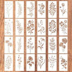 24pcs قوالب الطلاء البرية ، والستنسل الأزهار القابلة لإعادة الاستخدام الزهور وأوراق النماذج الحرفية الفنية النباتية الإستنسل البرية الرسم للزهور للبنوك الحائط الخشبية (النمط 1)