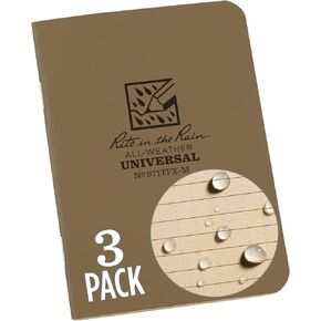 Rite in the Rain Weatherproof Mini-Stapled Notebook, 3 1/4" x 4 5/8", Tan Cover, Universal Pattern, 3 Pack (No. 971TFX-M)