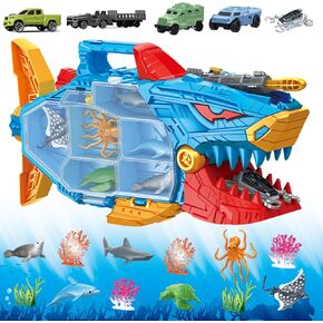 لعبة Shark Toy & Deep Sea Creatures Ocean Animal Toys مع سيارات الشاحنات ، و 18 قطعة مسرحية تعليمية للأطفال الذين تتراوح أعمارهم