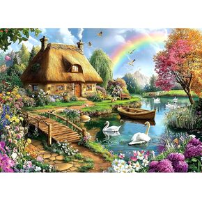 Cottage Lake Scene 1000 قطعة الألغاز بانوراما للبالغين Swan Rainbow Flowers House Garden Garden Landscape Family Puzzle مثالية لليالي اللعبة (27.5 "x19.6")