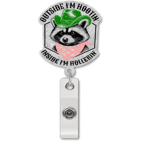 Outside I'm Hootin Inside I'm Hollerin Raccoon Badge Reel Retractable for Nurse Nursing Rn Medical Worker & Teacher | Funny Nurse Badge Holder with Alligator Clip & 24" Durable Nylon Cord | Acrylic