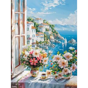 Pavemlo 5D Diamond Art Kits for Adults Flowers Outside The Window, Full Drill Diamond Art House Pictures Paint with Diamonds, DIY Cross Stitch Jewel Art Rhinestone Craft for Home Wall Decor 12x16 Inch