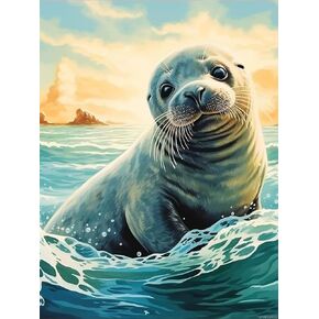 UPABLUNSO ختم حيوان لطيف في SEA SUNSET 5D Diamond Art Painting by Number Kits for البالغين DIY الطلاء مع الحفر الكاملة مستديرة للأحجار الكريمة الفنية للرسوم الزائدة للمنزل ديكور 12x16 بوصة