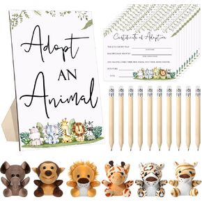 Leitee 59 Pcs Safari Jungle Party Favors 24 Safari Jungle Stuffed Animals 24 Certificate Cards 10 Pencils with Adopt an Animal Sign Adoption Certificate Set for Valentines Baby Shower Birthday