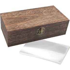 Wooden Storage Box with 100 PCS Clear Money Collection Display Case, Currency Sleeves Organizer Dollar Bill Holder for Paper Stamp Souvenirs Banknote Storage Kit Protector Bag (Deep Wood)