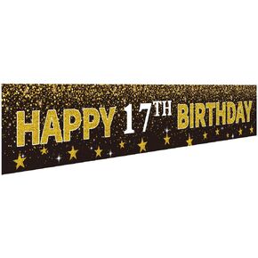 Ushinemi Happy 17th Banner Banner Party Decortings ، خلفية عيد ميلاد عمرها 17 عامًا ، وهتاف للذكرى السابعة عشر لافتات كبيرة ، 9.8 × 1 قدمًا ، والذهب والأسود