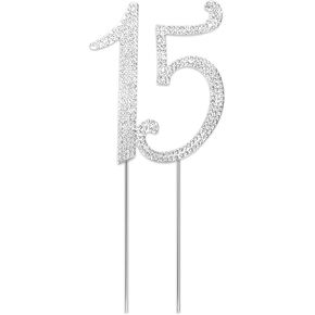 Silver Crystal 15 Cake Topper ، رقم 15 كعكة عيد ميلاد Topper Happy 15th Cupcake Cupcake Topcake Rhinestons Cupcake Topcake Decoration for Women Girls Party and Anniversary Decoration
