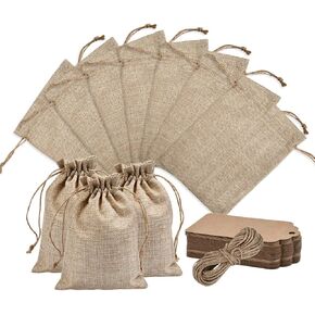 FOCCTS 50Pcs Burlap Bags with Drawstring, 5x7.5 Gift Bag Bulk Pack with 50 Pcs Paper Tags, 32.8Ft String, Birthday Bag, Craft Bags, Gift Tags for Christmas, Thanksgiving