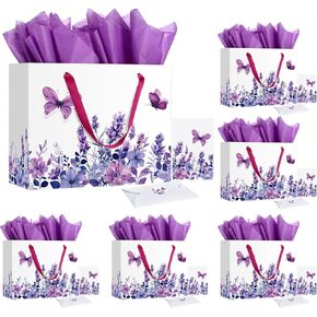Kolldenn 6 Sets 13" Large Mothers Day Gift Bags Purple 3D Butterfly Gift Bags with Greeting Card Tissue Paper for Women Mother's Day Wedding Birthday Bridal Shower Party Decoration