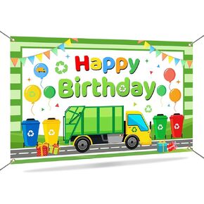 Mocsicka Trash Truck Backdrop - Green Garbage Truck Birthday Decorations for Kids - 70.8 x 43.3 Inch
